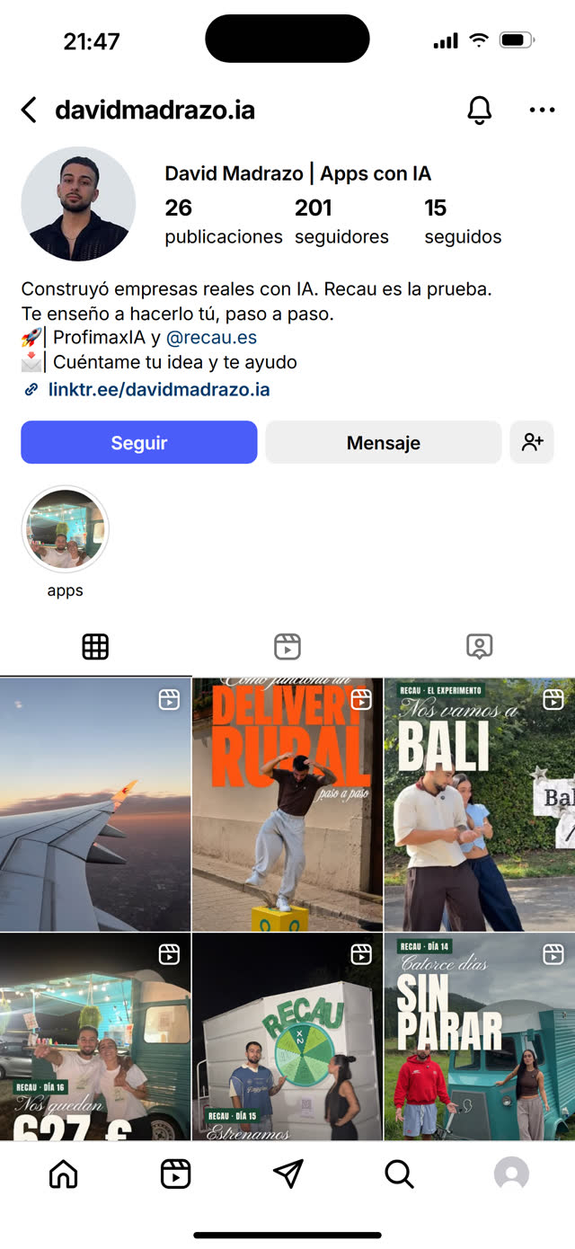 Mi perfil de Instagram con 201 seguidores